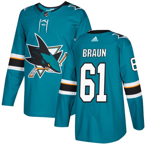 Adidas Men San Jose Sharks #61 Justin Braun Teal Home Authentic Stitched NHL Jersey